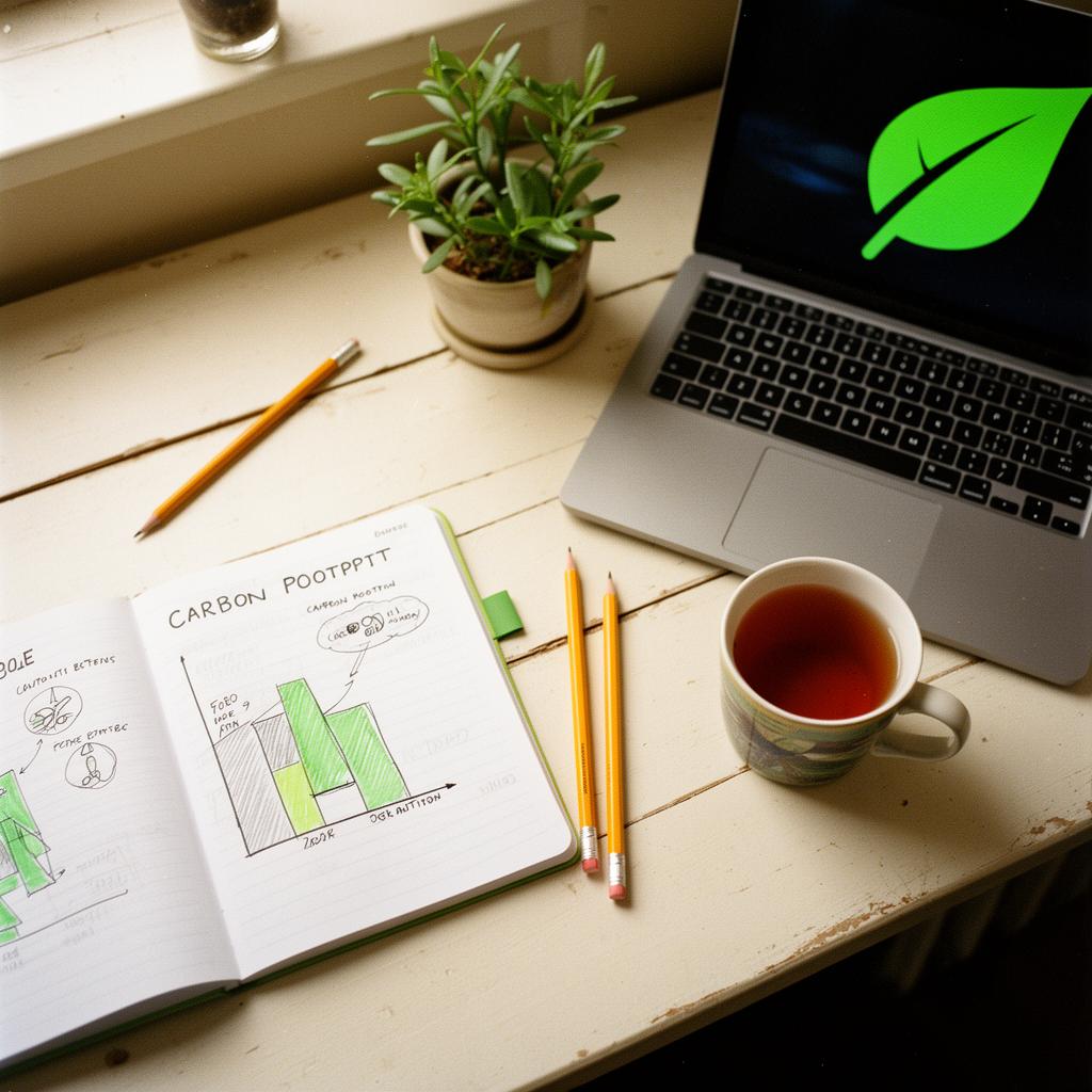 A school sustainability lead's desk with a notebook, laptop and tea.