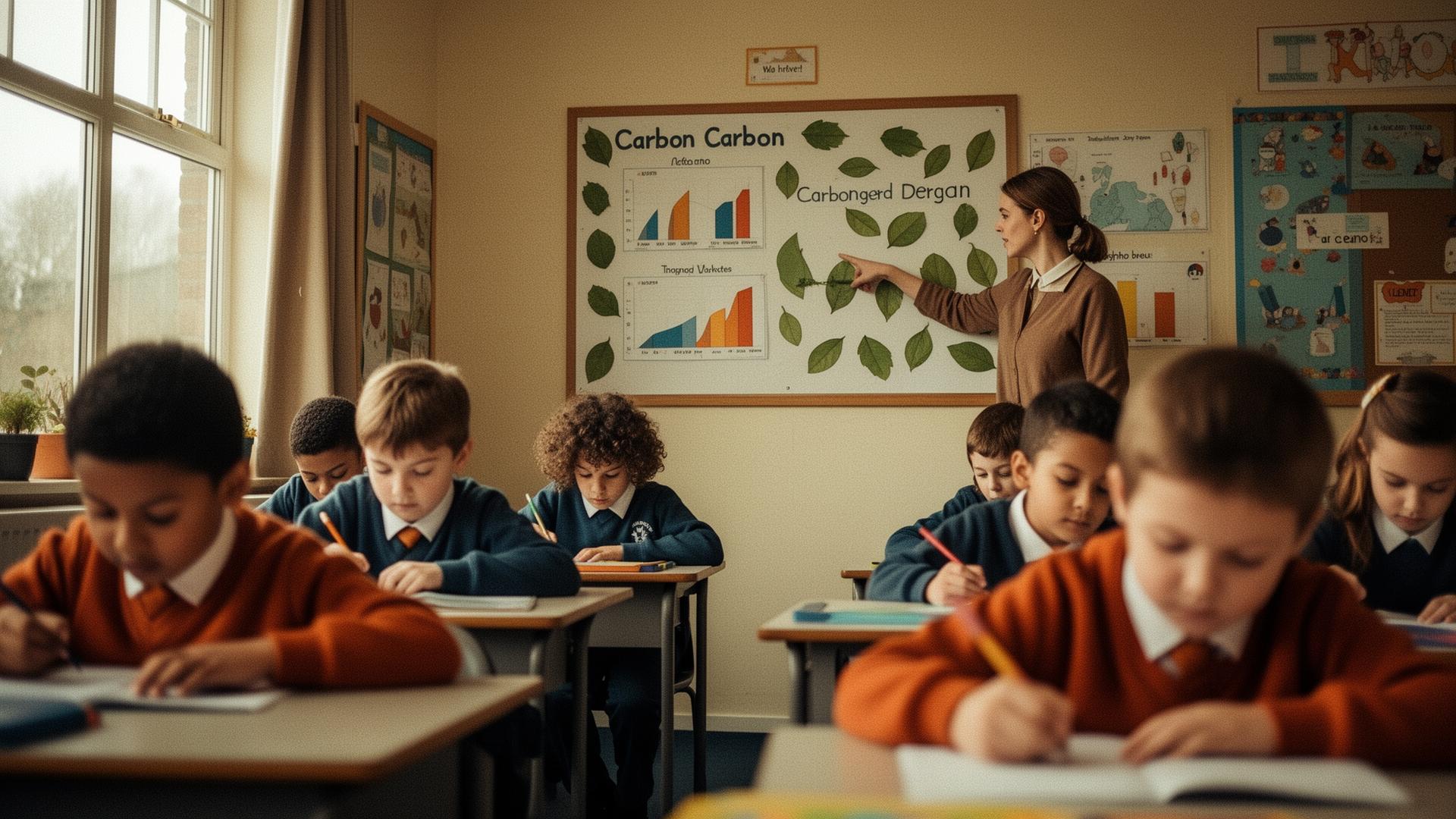 Pupils working at desks while a teacher points at carbon footprint charts on the classroom wall.