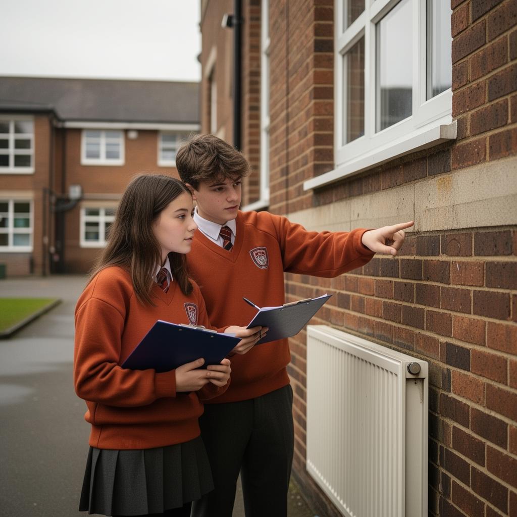 Two students with clipboards conducting an energy audit outside their school.